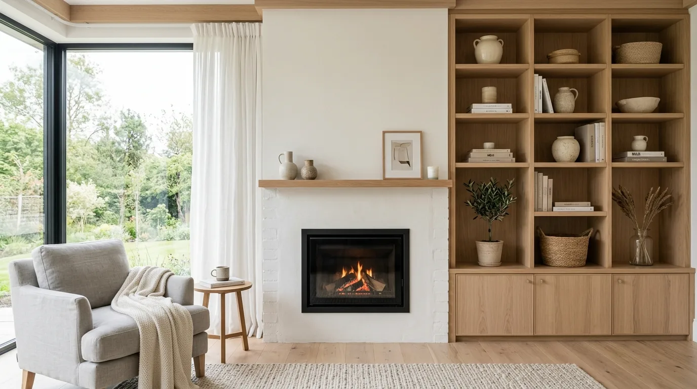Style the shelves with rhythm and restraint inspiration for a living room with fireplace built-ins.